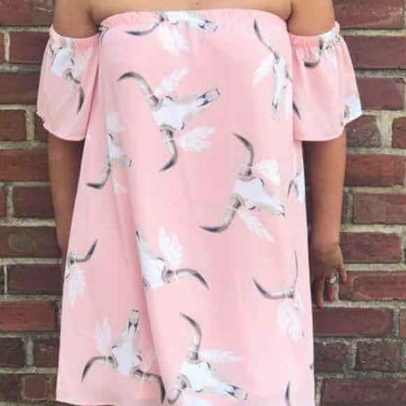 Peach Love California Dresses & Skirts - Country Bull Head Feather Cold Shoulder dress